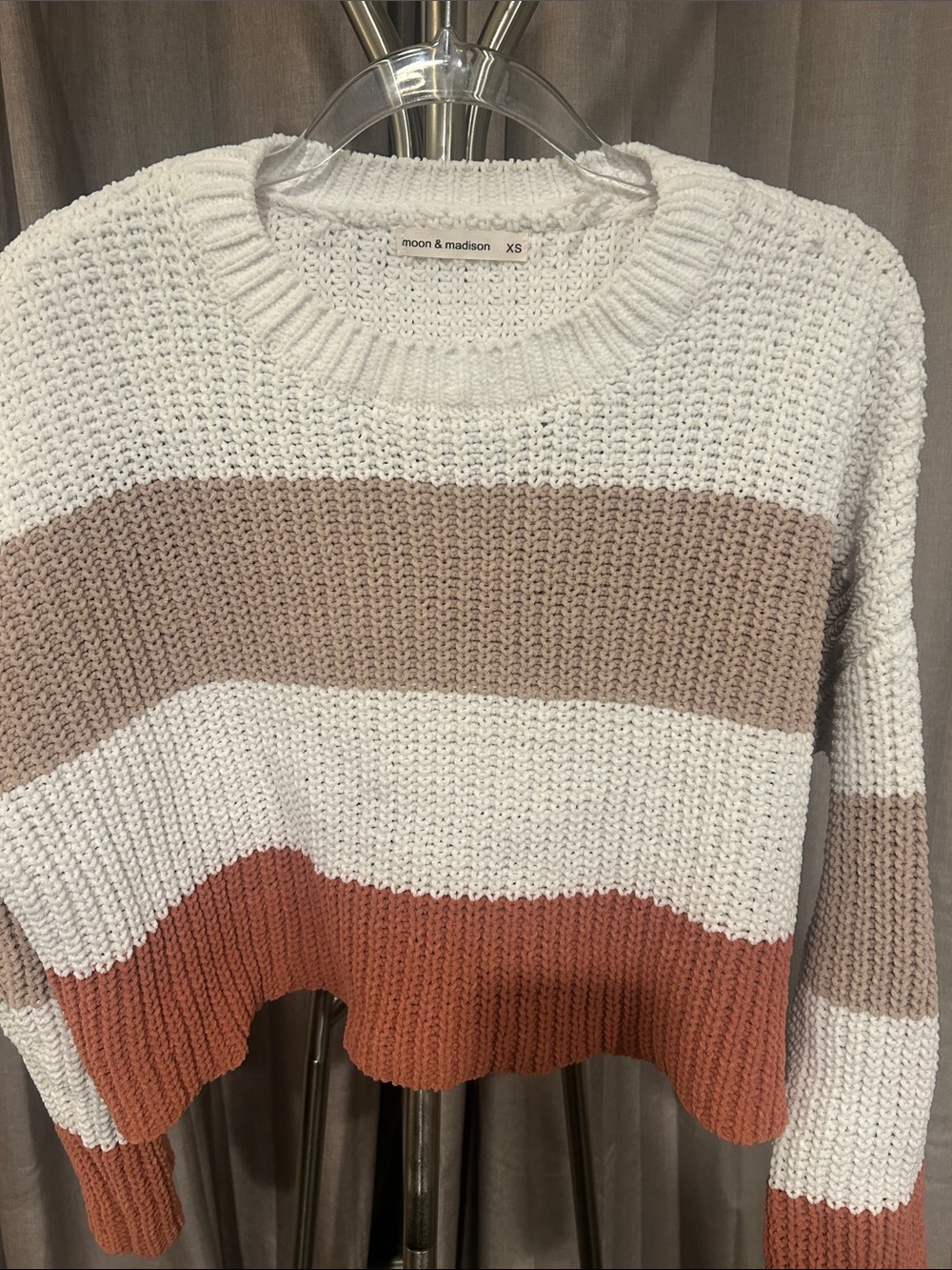 moon & madison Cropped Striped Crewneck Sweater in Cream, Beige & Rust - Picture 4 of 7